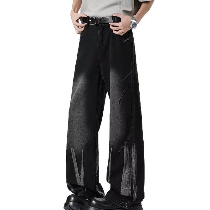 High Street Tie Dyed Jeans Men And Women Summer New Style Drape Design Pleated Loose Straight Casual Wide Leg Trousers Men_viptrois.com