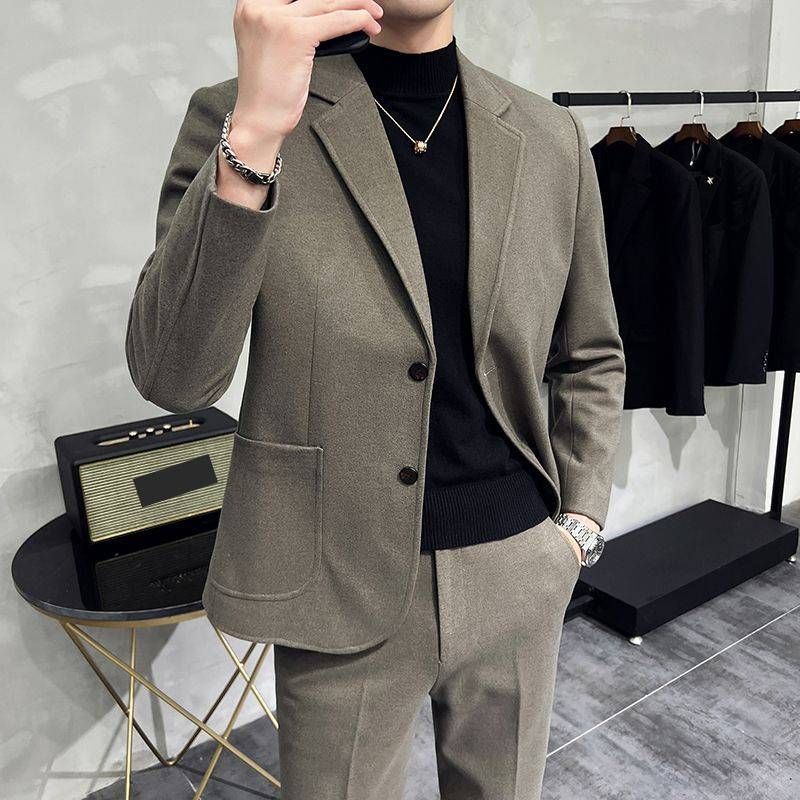 Men's Wool-Blend Slim Fit Suit Set, Casual Two-Piece Blazer & Pants, Inspired British Style For Spring & Autumn_viptrois.com