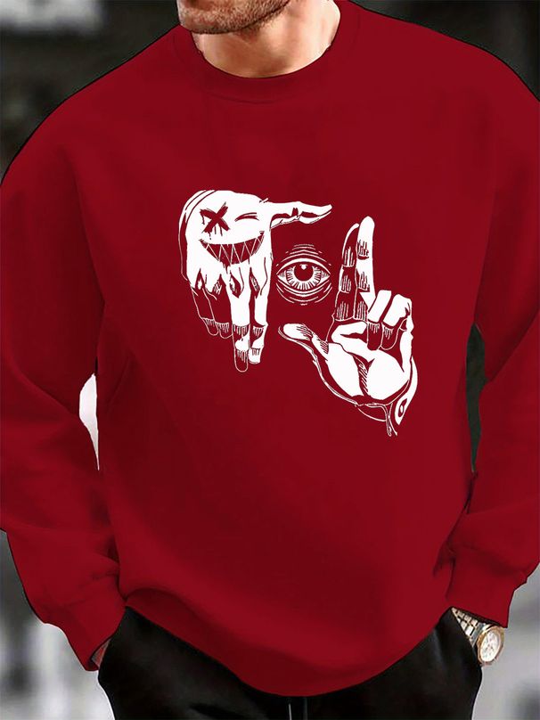Men's Loose And Casual Fashion Gesture Eye Pattern Printed Round Neck Long Sleeved Sportswear For Autumn And Winter_viptrois.com