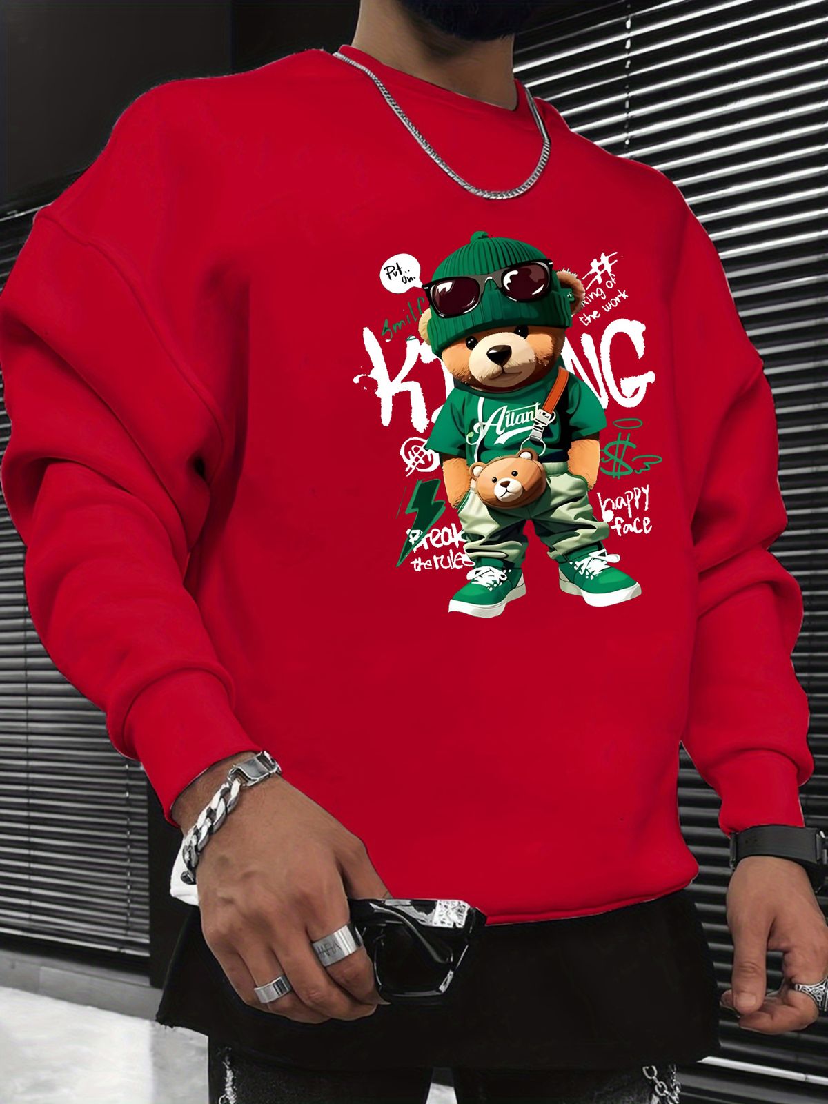 Men's Loose Casual Fashionable Cool Bear Pattern Printed Round Neck Long Sleeved Sweatshirt For Autumn And Winter_viptrois.com