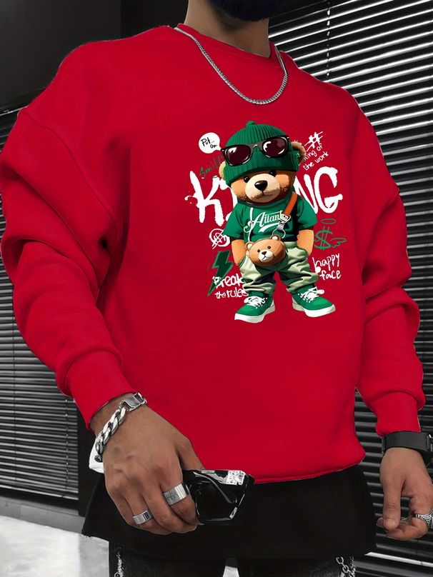 Men's Loose Casual Fashionable Cool Bear Pattern Printed Round Neck Long Sleeved Sweatshirt For Autumn And Winter_viptrois.com