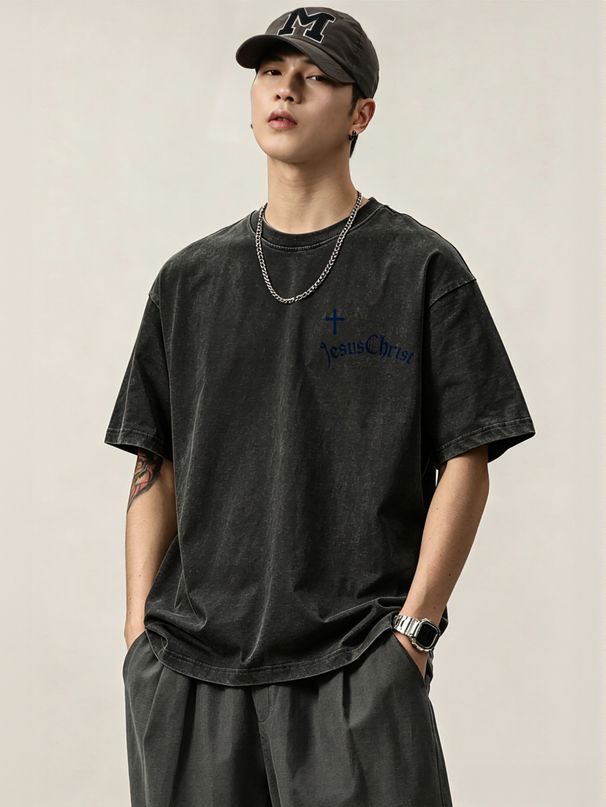 230g Washed Men Casual Tee Blue Cross Jesus Christ Letter Print Short Sleeve Loose Streetwear Daily T-Shirt_viptrois.com