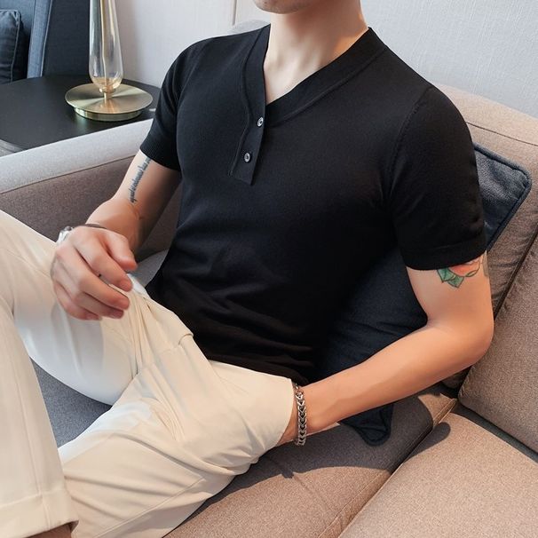 Men's Clothing Short Sleeved T Shirt Thin Handsome Tops V Neck Knitted Bottoming Shirt_viptrois.com