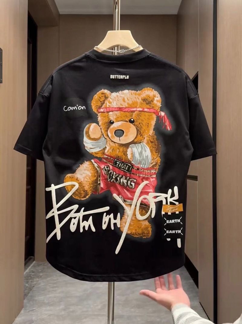 Men's Clothing 2024 Summer New Men's Versatile Bear Painted Print Short Sleeved T Shirt Tops Half Sleeved Men's Handsome_viptrois.com