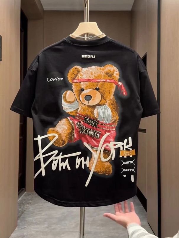 Men's Clothing 2024 Summer New Men's Versatile Bear Painted Print Short Sleeved T Shirt Tops Half Sleeved Men's Handsome_viptrois.com