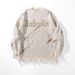 Men's Distressed Jacquard Knit Sweater – Raw Edge Letter Design Oversized Pullover (Fruit Green/Black/Khaki/Dark Gray/Apricot, Sizes S-XXL)_viptrois.com