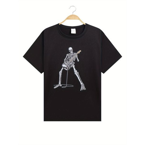 Camiseta Casual Manga Corta Para Hombre Con Diseño Guitarrista Esqueleto Alegre, Cuello Redondo, Ropa De Verano_viptrois.com