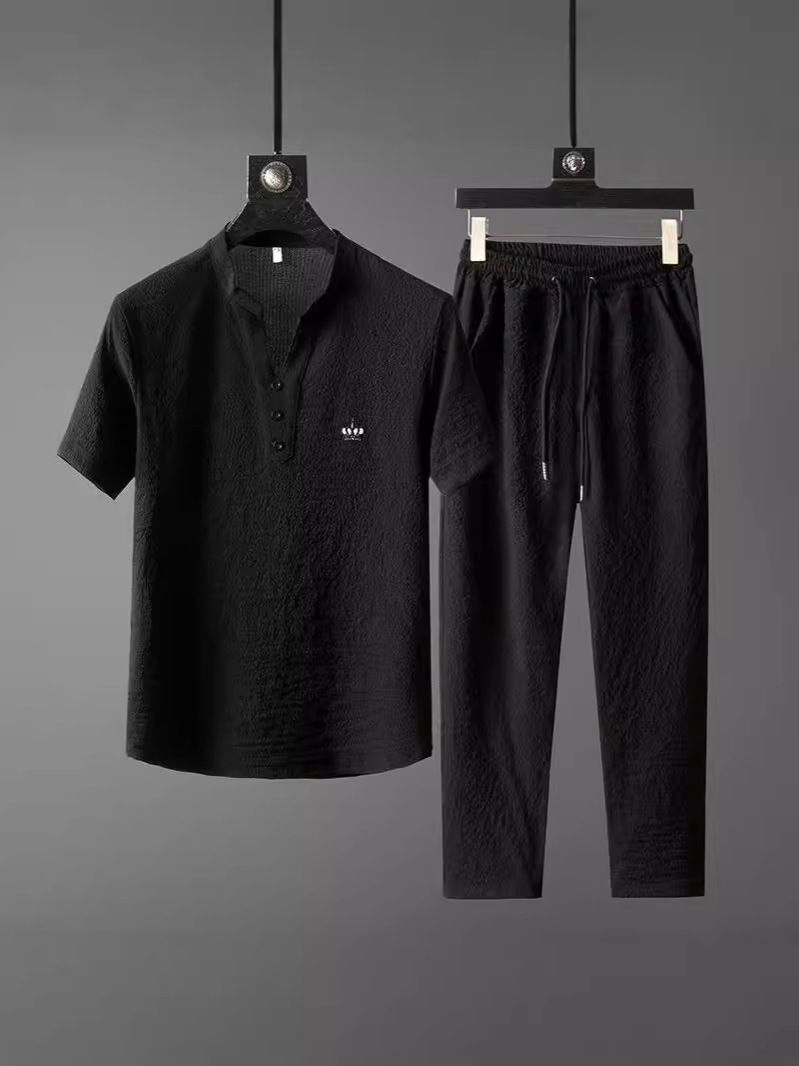 Men's Clothing New Thin Casual Sports Suit Men's Summer High End V Neck Embroidery Slim Short Sleeved Two Piece Suit_viptrois.com