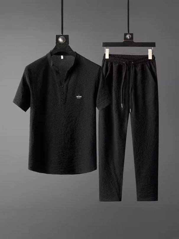 Men's Clothing New Thin Casual Sports Suit Men's Summer High End V Neck Embroidery Slim Short Sleeved Two Piece Suit_viptrois.com