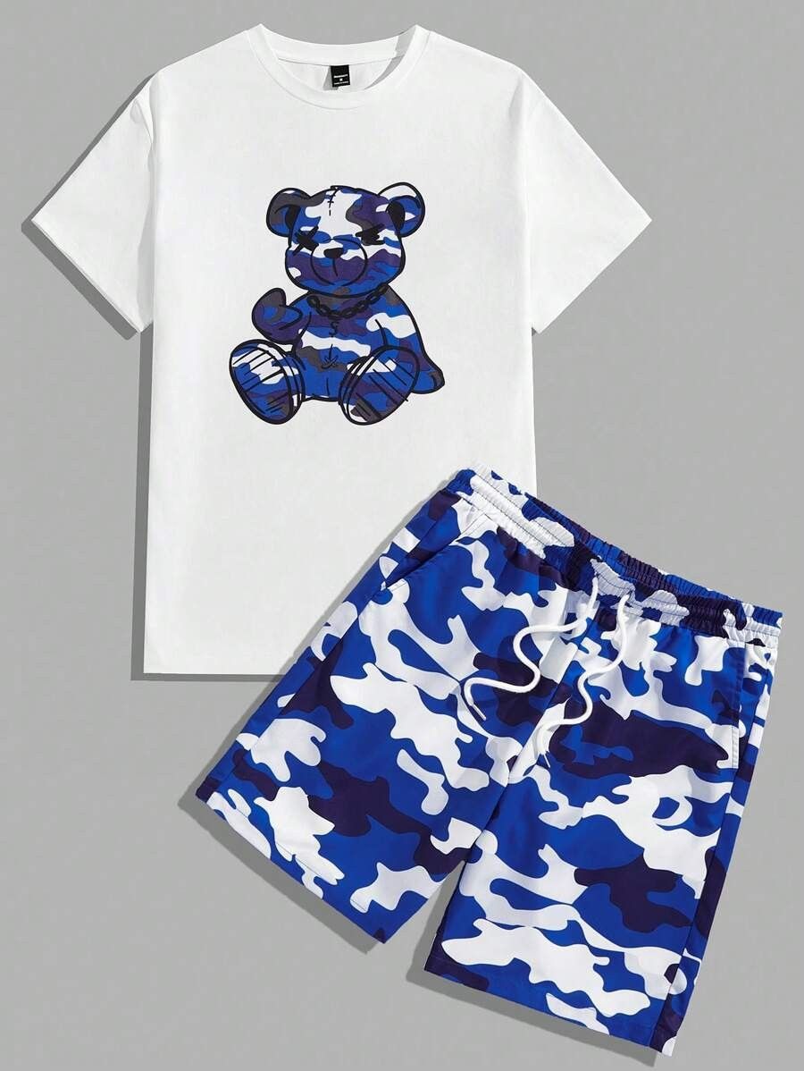 Men's Clothing Summer New Camouflage Bear Print Casual Comfortable Short Sleeve Shorts Suit Cross Border Men's Two Piece Suit_viptrois.com