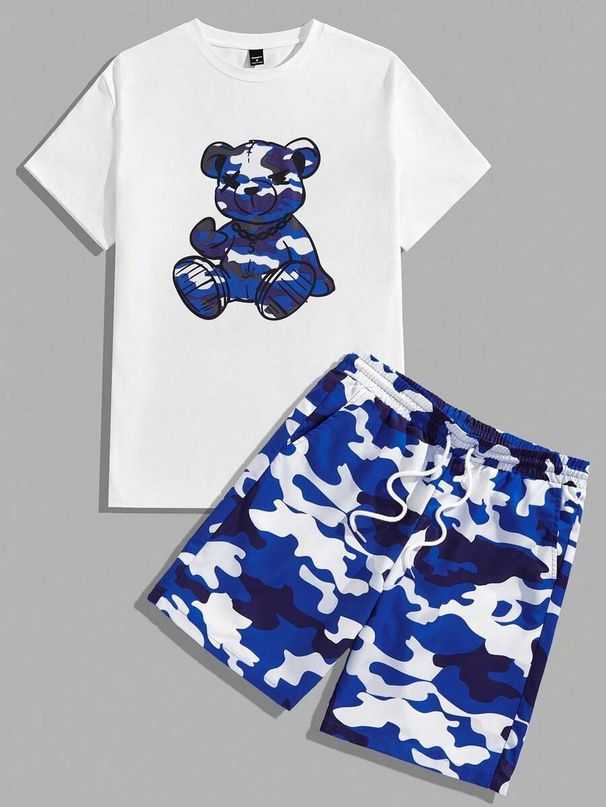 Men's Clothing Summer New Camouflage Bear Print Casual Comfortable Short Sleeve Shorts Suit Cross Border Men's Two Piece Suit_viptrois.com