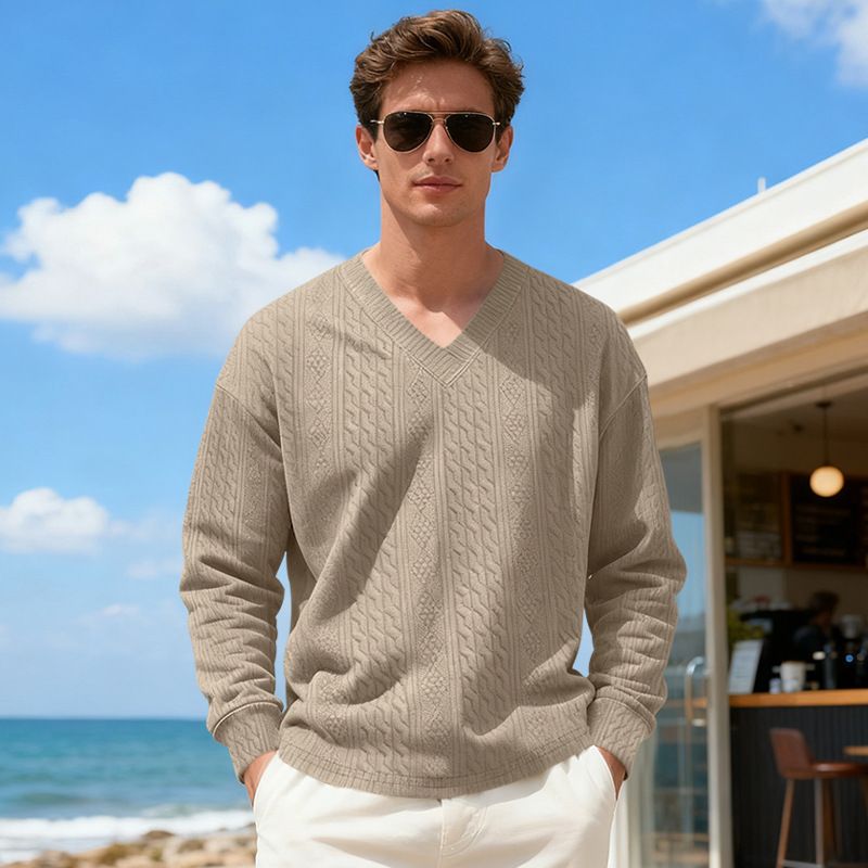 Men's Clothing Loose-Fit V-Neck Knit Sweater With Jacquard Pattern – Breathable Polyester Long Sleeve Pullover, Casual Streetwear (Sizes S-XXXL)_viptrois.com