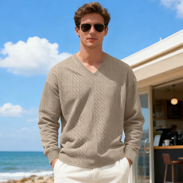 Men's Clothing Loose-Fit V-Neck Knit Sweater With Jacquard Pattern – Breathable Polyester Long Sleeve Pullover, Casual Streetwear (Sizes S-XXXL)_viptrois.com