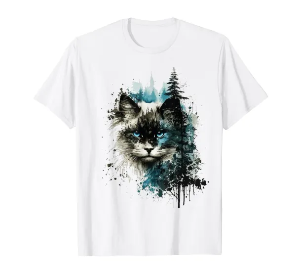 Cat Blue Eyes Cat Motif Art Forest Animal Cat T-Shirt Mens Womens Tees Top_viptrois.com
