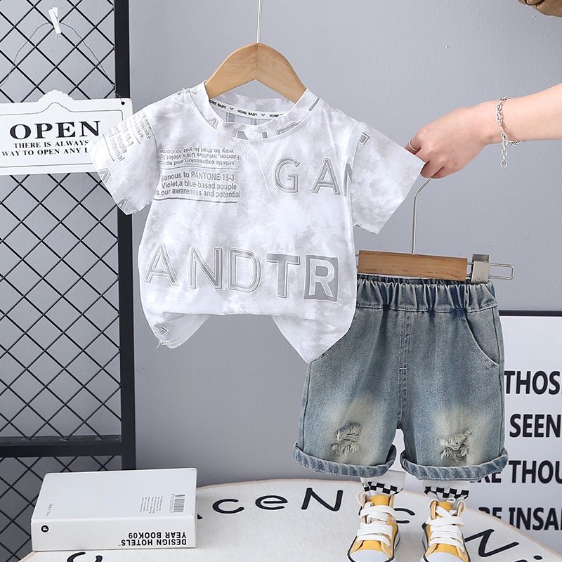 2025 Summer New Full Printed Foam Letter Short Sleeve Set, Boys' Baby Casual Cowboy Shorts Two Piece Set_viptrois.com