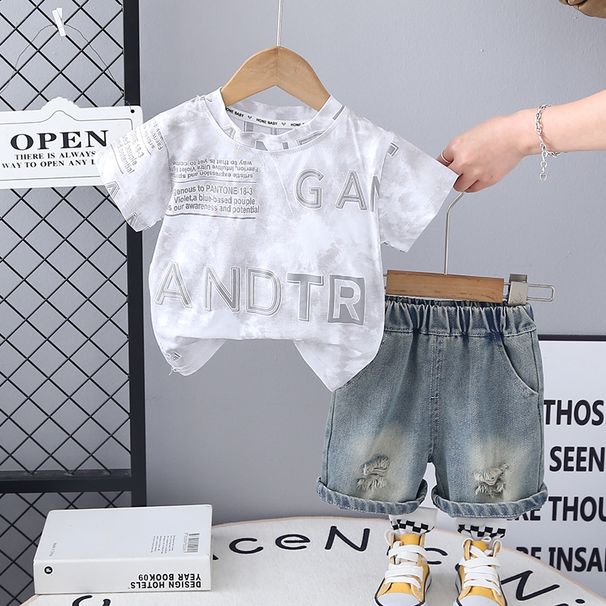 2025 Summer New Full Printed Foam Letter Short Sleeve Set, Boys' Baby Casual Cowboy Shorts Two Piece Set_viptrois.com