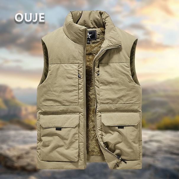 Sleeveless Cotton-padded Clothes Men's Outdoor Sports Autumn And Winter Multi-pocket Wear-resistant Windproof Warm Jacket Thickened Vest Tooling Men_viptrois.com