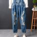 Men's Clothing Hong Kong style brand loose one piece nine point pants men's ripped nostalgic age reducing denim overalls summer overalls men_viptrois.com