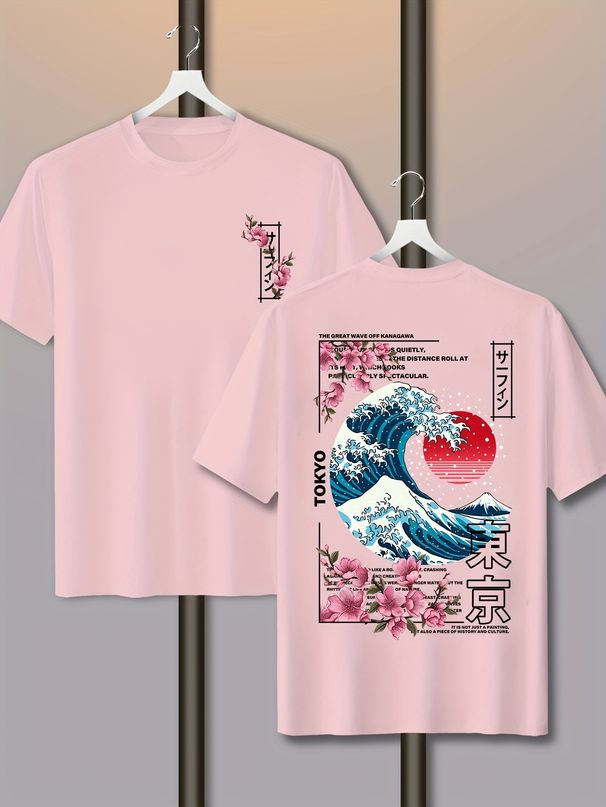 Camiseta Informal De Algodón 100% Con Estampado De Ondas De Tokio, Manga Corta Transpirable Para Hombre, Holgada Y Cómoda_viptrois.com