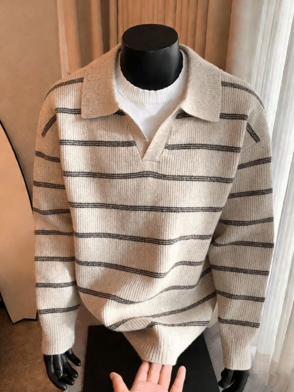 Men's Sweater With Black And White Stripes, Polo Collar, Knitted Sweater, Loose V-neck Top, Autumn And Winter_viptrois.com