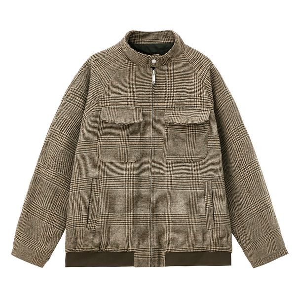Monochrome Man- Vintage Melard Houndstooth Harrington Jacket Autumn New Double Pocket Design Short Wide Stand Collar Plaid Coat_viptrois.com