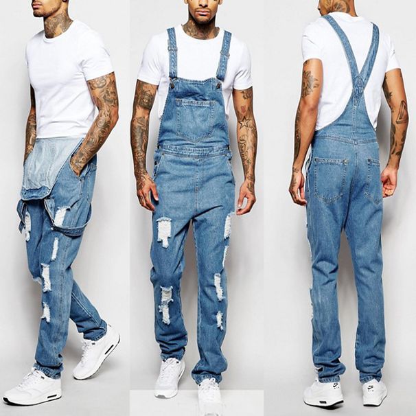 Men's Clothing Fashion Men's Strappy Denim Rompers Ripped Jeans Trousers_viptrois.com