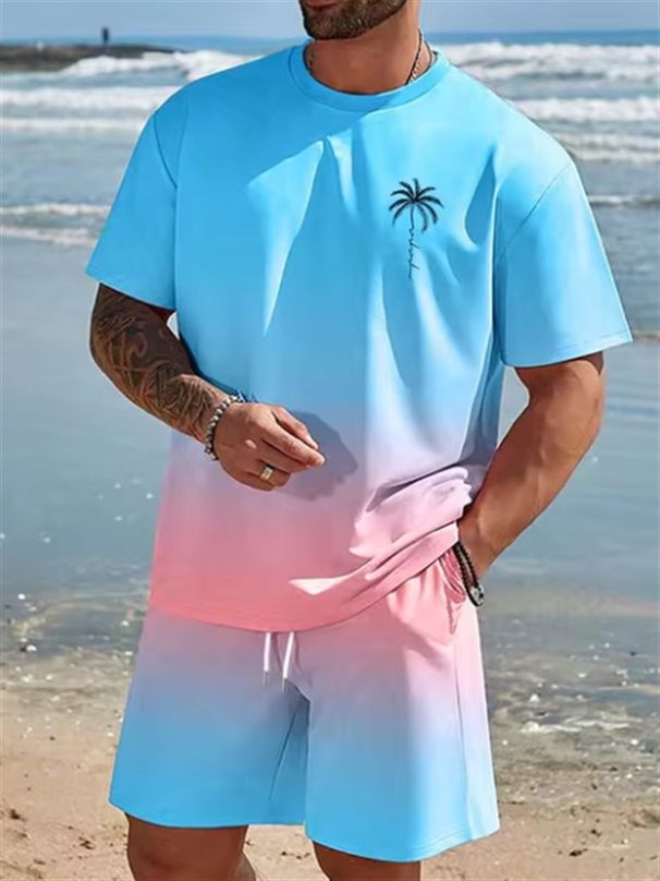 Men's Clothing Summer New Short Sleeved Shorts Seaside Leisure 3D Small Coconut Tree Print Beach Suit_viptrois.com