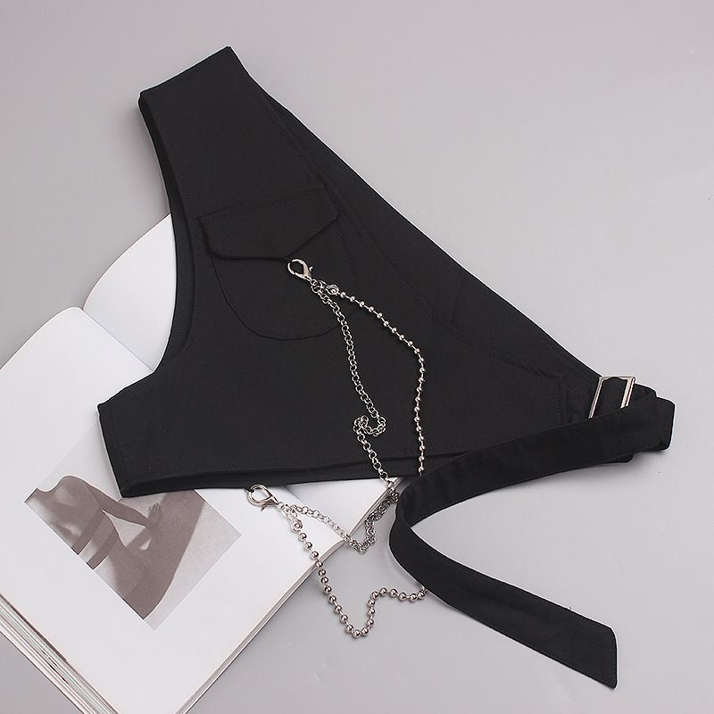 New dark concave shape one-shoulder vest women's fashion chain loose and versatile black fashionable waistcoat personalized vest_viptrois.com