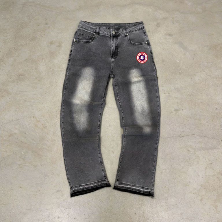 Men's US Map Fringe Hem Jeans - Straight Cut Denim Pants With Embroidered Coordinates & Distressed Details_viptrois.com