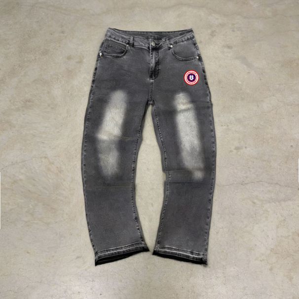 Men's US Map Fringe Hem Jeans - Straight Cut Denim Pants With Embroidered Coordinates & Distressed Details_viptrois.com