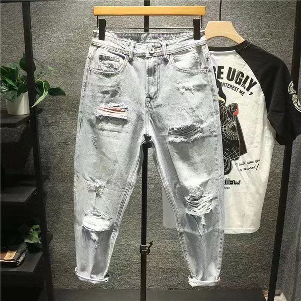 New Style Japanese Loose Brushed Ripped Beggar's Pants Men's Trendy Light Wash Nine-point Jeans For Men_viptrois.com