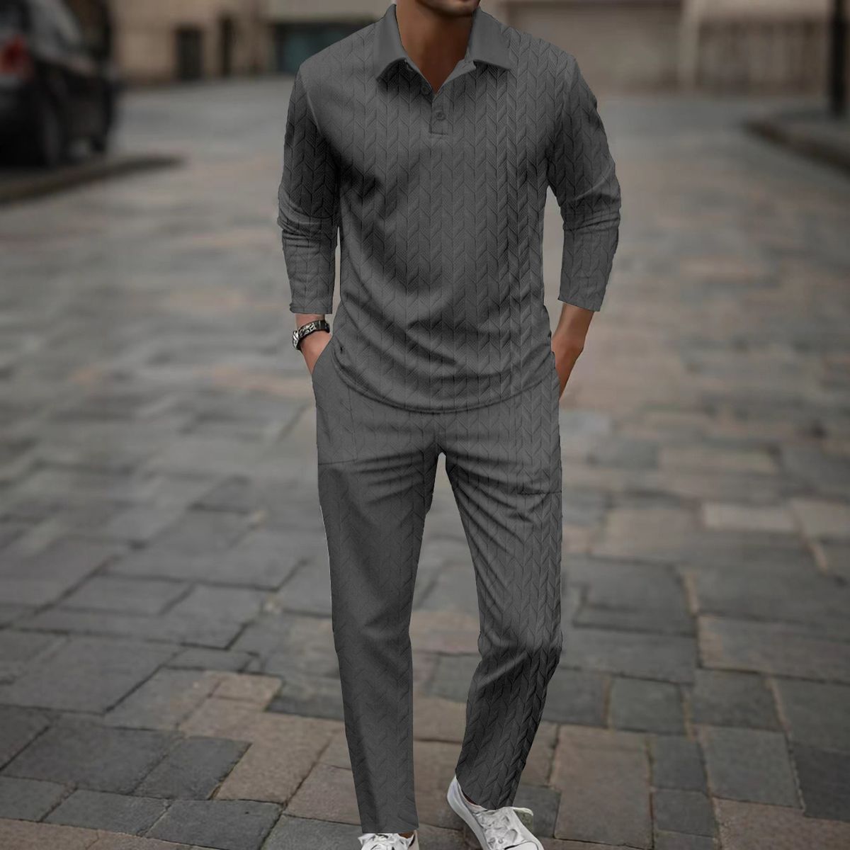 Breathable Jacquard Polo Set – Lapel Collar Summer Suit With Moisture-Wicking Trousers (Black/White/Gray/Army Green/Khaki/Navy, S-XXXL)_viptrois.com