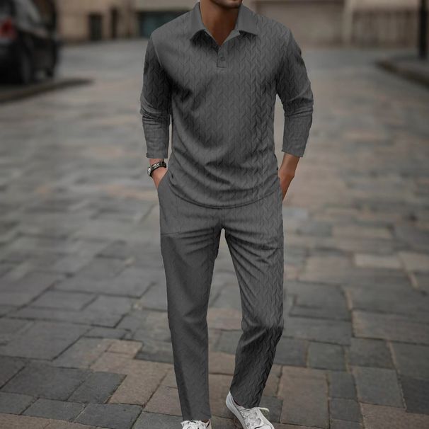 Breathable Jacquard Polo Set – Lapel Collar Summer Suit With Moisture-Wicking Trousers (Black/White/Gray/Army Green/Khaki/Navy, S-XXXL)_viptrois.com