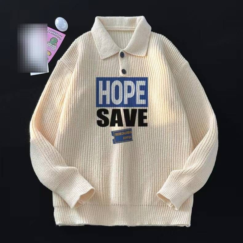 Couple American Retro High End Lapel Knitted Polo Shirt Men's Autumn And Winter Loose Lazy Style Long Sleeved Sweater_viptrois.com