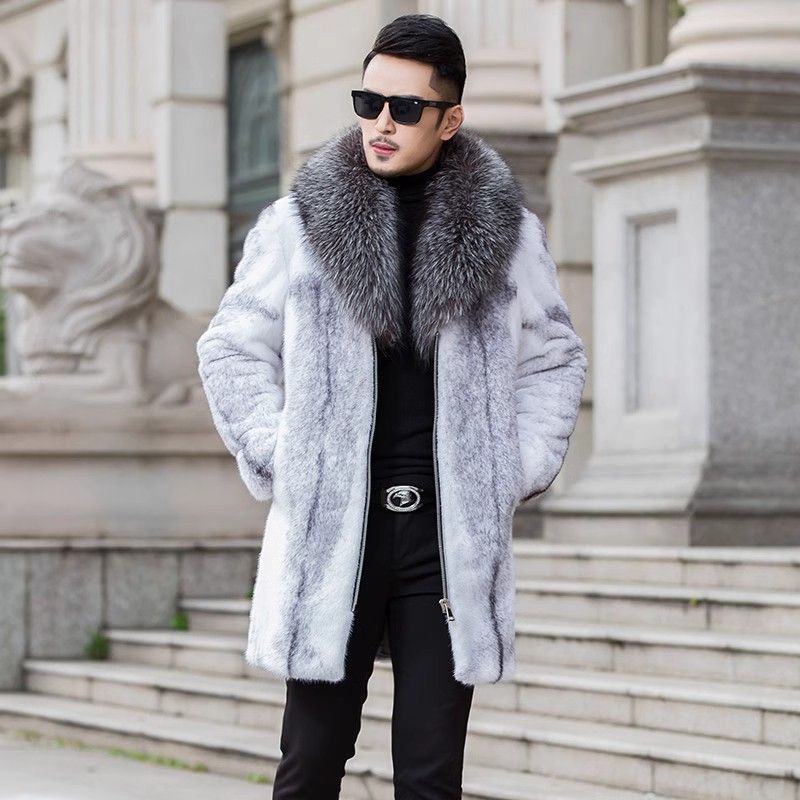 Men's Clothing Men's Mid Length Mink Coat, Whole Mink Cross Mink Fox Fur Collar Jacket, Mink Fur Casual Zipper Jacket_viptrois.com