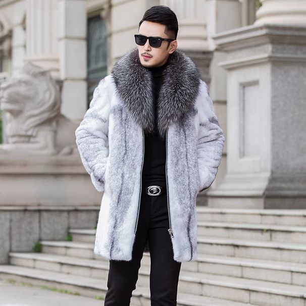 Men's Clothing Men's Mid Length Mink Coat, Whole Mink Cross Mink Fox Fur Collar Jacket, Mink Fur Casual Zipper Jacket_viptrois.com