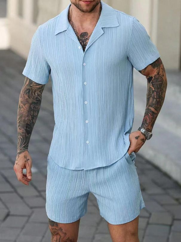 Men's Solid Color Shirt Casual Loose Short Sleeved Shorts Beach Suit_viptrois.com