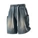 Men's Retro Multi Pocket Denim Shorts Summer Drawstring Loose Wide Leg Mid-Length Cargo Five Point Pants_viptrois.com
