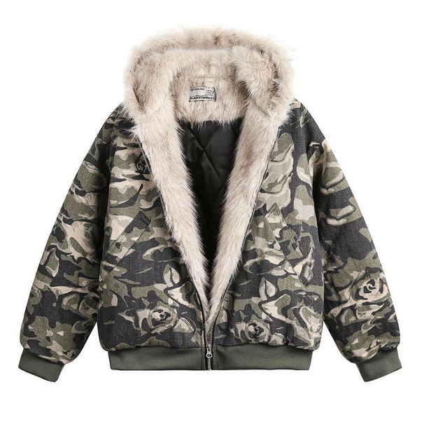 American Retro Camouflage Fur Collar Hooded Cotton Women, Autumn And Winter Mountain Eagle BF Style Trendy Brand Jacket_viptrois.com