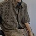 Men's Clothing Retro Old Fashioned Versatile Army Green Vintage Knitted Hollow Breathable Loose Holiday Short Sleeved Shirt Men_viptrois.com