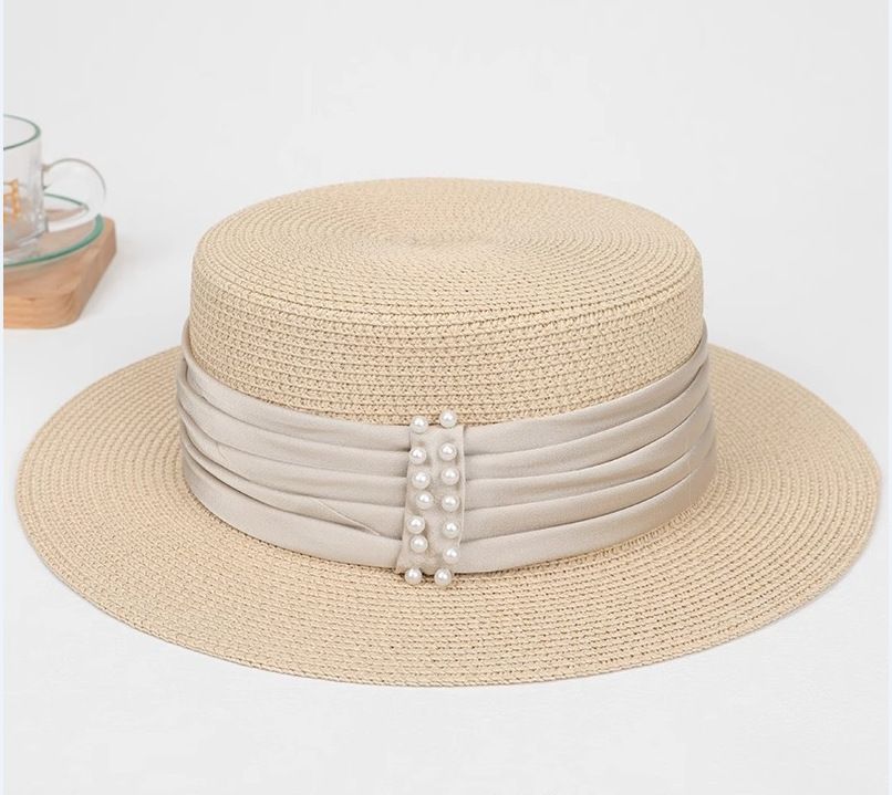 Women's Straw Hats Pearl Straw Hat Women's Summer Beach Sun Hat Sun Protection Straw Sun Hat Celebrity Style Flat Top Hat_viptrois.com