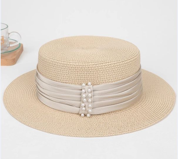 Women's Straw Hats Pearl Straw Hat Women's Summer Beach Sun Hat Sun Protection Straw Sun Hat Celebrity Style Flat Top Hat_viptrois.com