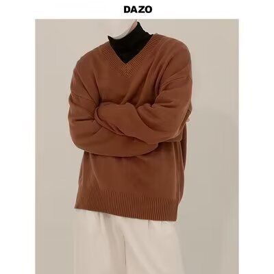 Solid color V-neck sweater for men in spring and autumn, trendy, cool, casual, versatile, loose knit, and knitted_viptrois.com