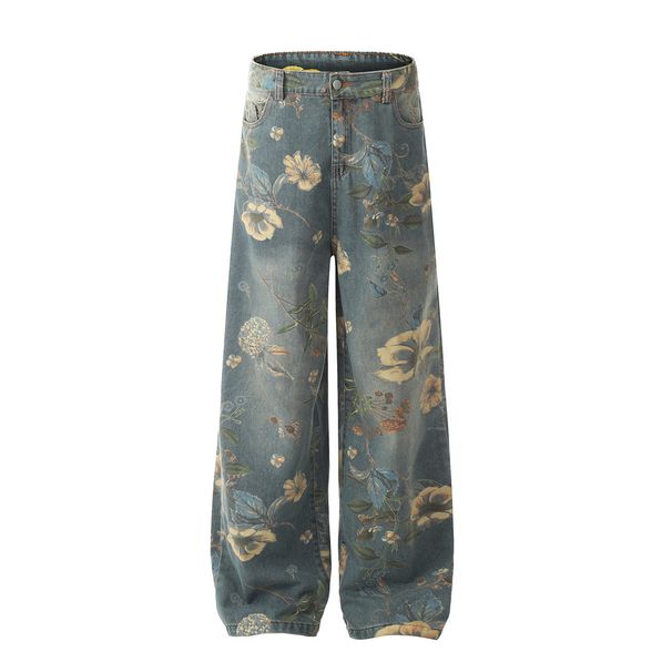 Full Floral Print Design Sense Niche Loose Wide-Leg Denim Unisex Vibe Trendy Brand Floor-Length Dad Pants_viptrois.com