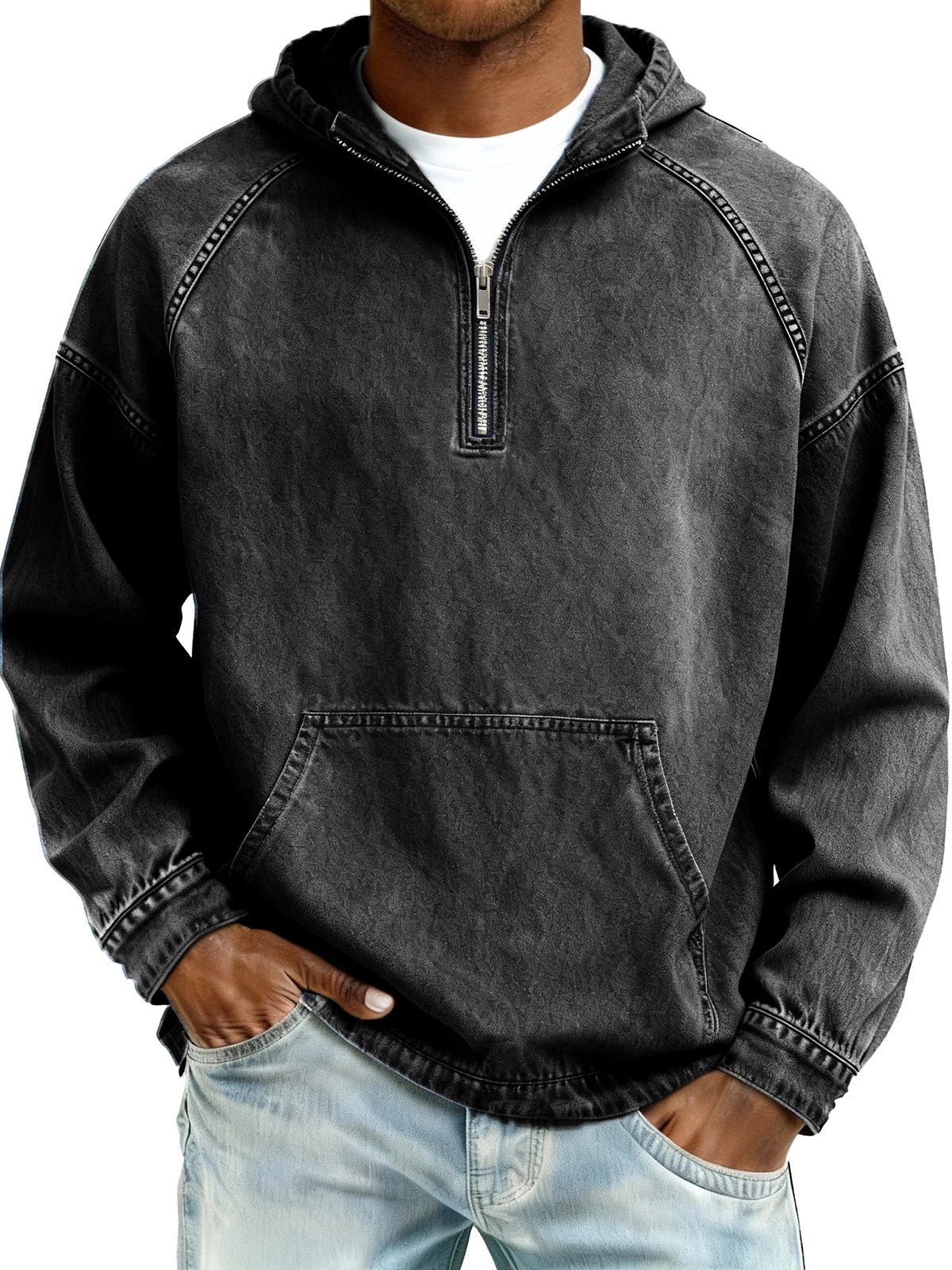 Men's Distressed Zip-Up Hoodie – Heavyweight Faded Denim Sweatshirt With Ripped Details & Oversized Fit_viptrois.com