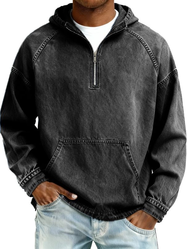 Men's Distressed Zip-Up Hoodie – Heavyweight Faded Denim Sweatshirt With Ripped Details & Oversized Fit_viptrois.com