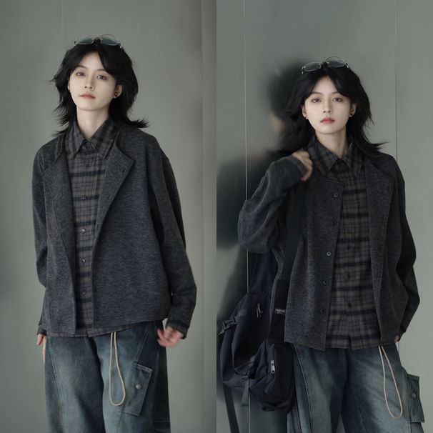 Black Ruled Brushed Plaid Inner Collar Old Money Two-Piece Cardigan Shirt Sweater Unisex Loose Knitwear Autumn_viptrois.com