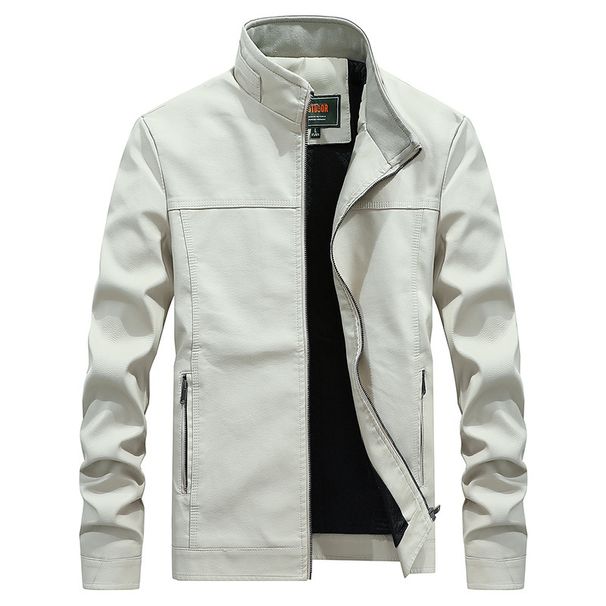 Large Size Leather Jacket, Autumn Solid Color Stand-up Collar PU Leather Jacket, Loose Casual Motorcycle Clothing Thickened Jacket_viptrois.com