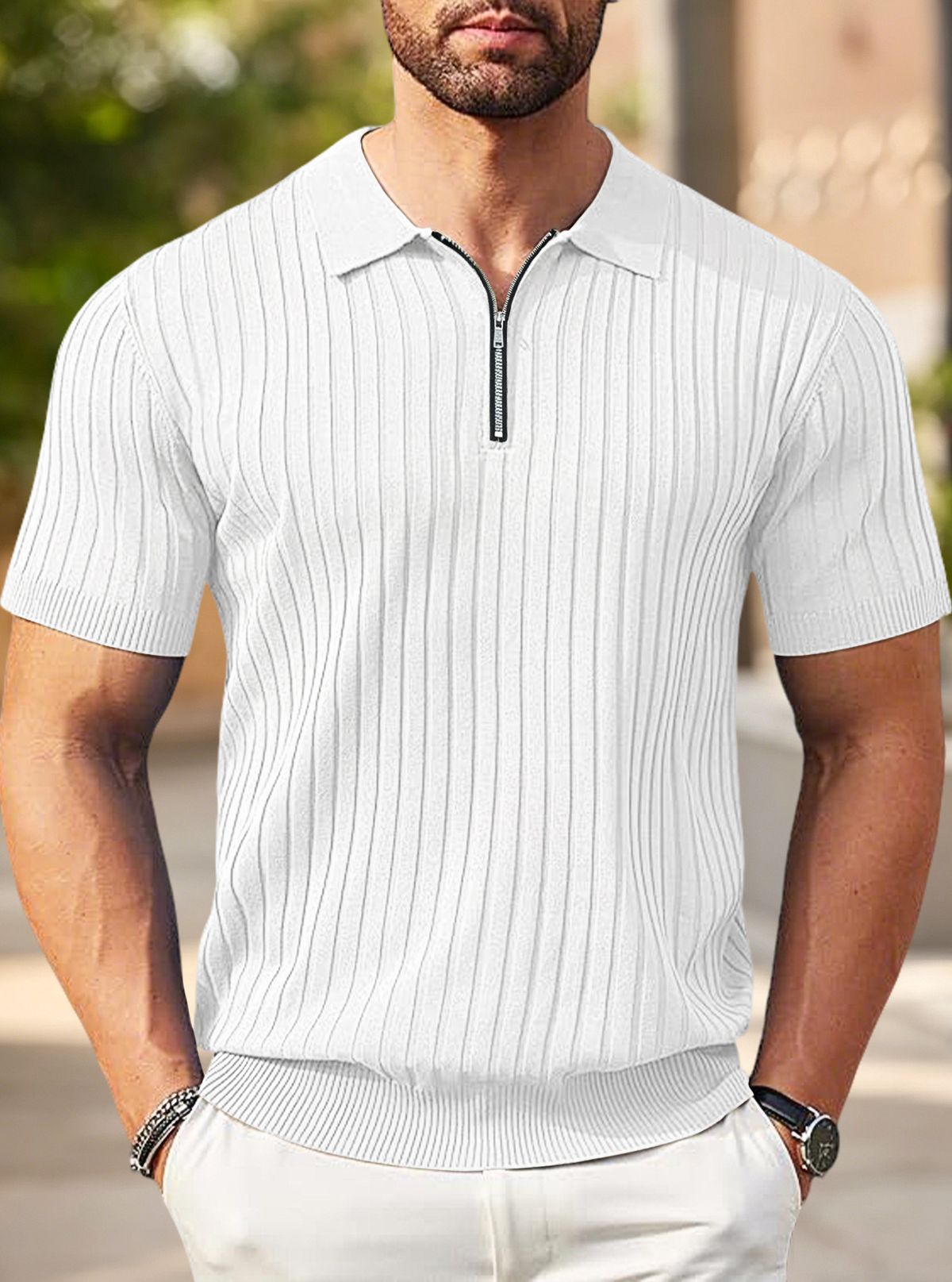 Men's Horizontal-striped Henry Collar Half-zip Polo Shirt, TK, Breathable And Elastic, Casual Short-sleeved Shirt_viptrois.com