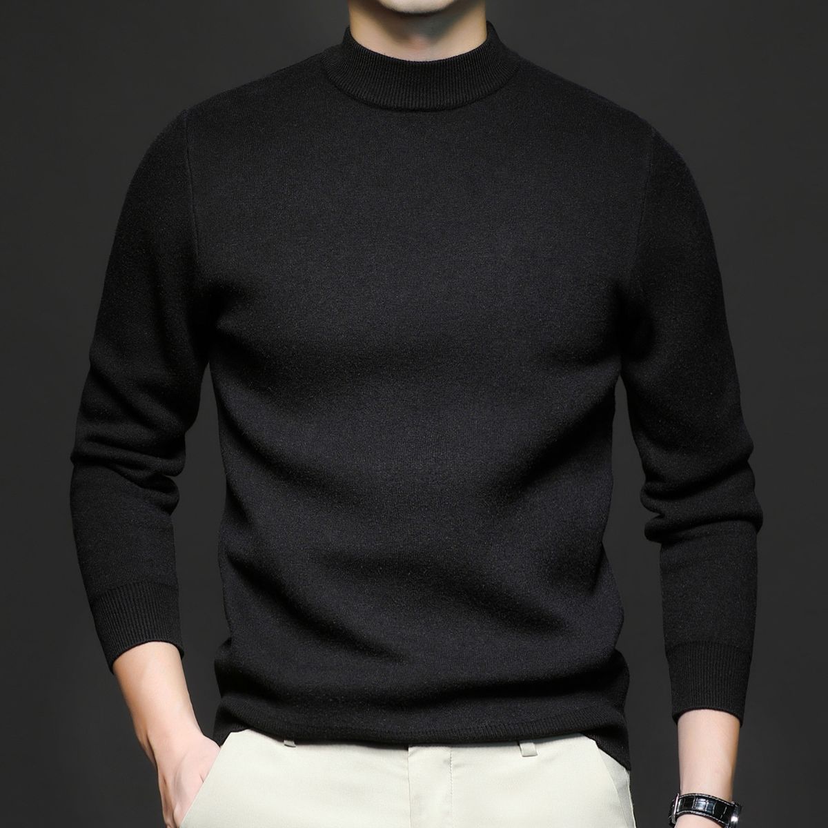 Men's Slim-Fit Mock Neck Sweater – Autumn Solid Color Knit Pullover, Lightweight Layering Essential For Business & Casual Wear_viptrois.com